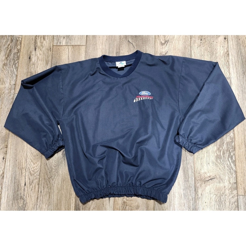 Vintage Ford Racing Made in USA Pullover Windbreaker Blue V Neck long sleeve